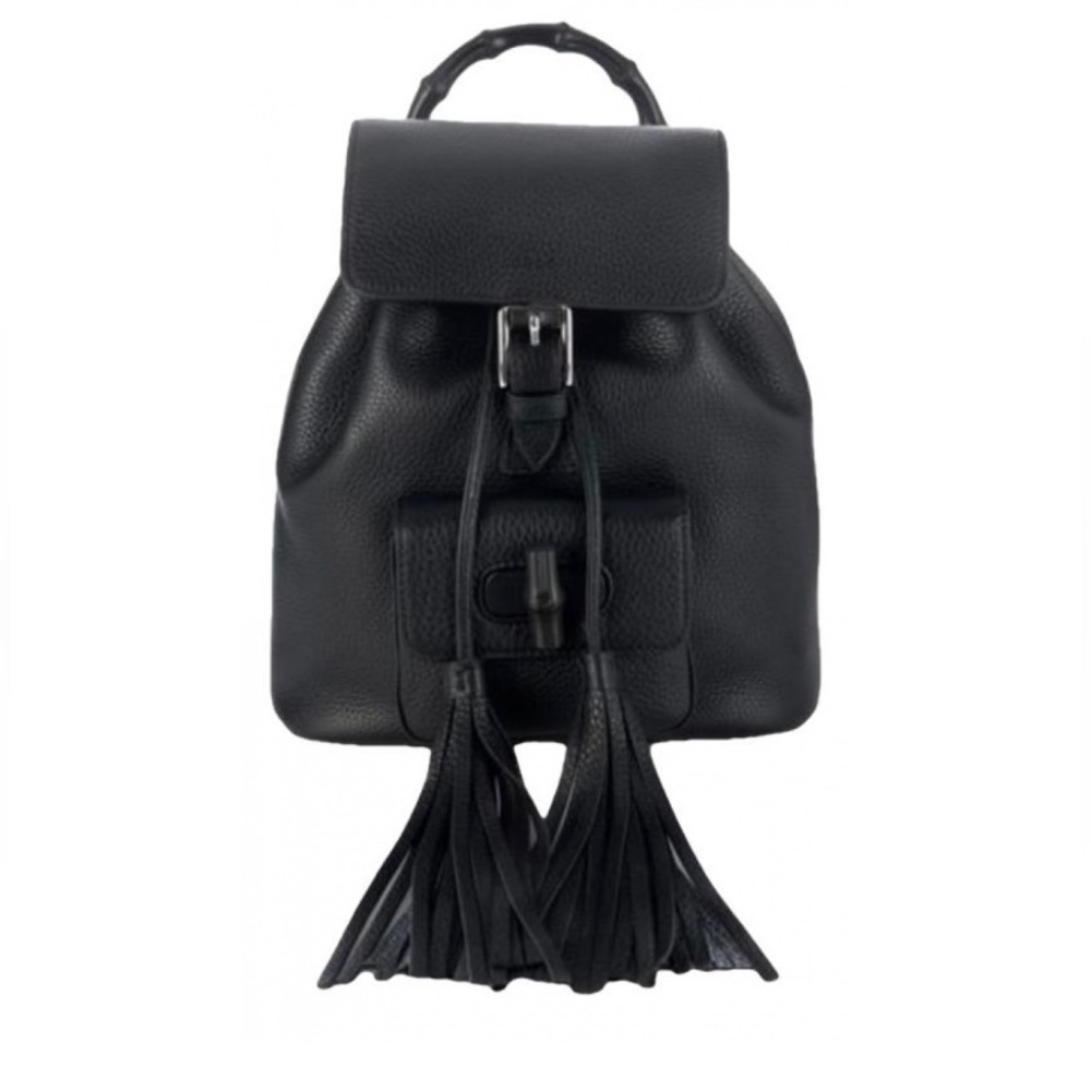 Gucci Leather Daypack Black Pebble Leather Bamboo Turnlock Front Pocket Tassel